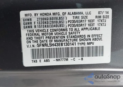 2014 Honda Odyssey Ex from USA, damaged, VIN 5FNRL5H43EB130141